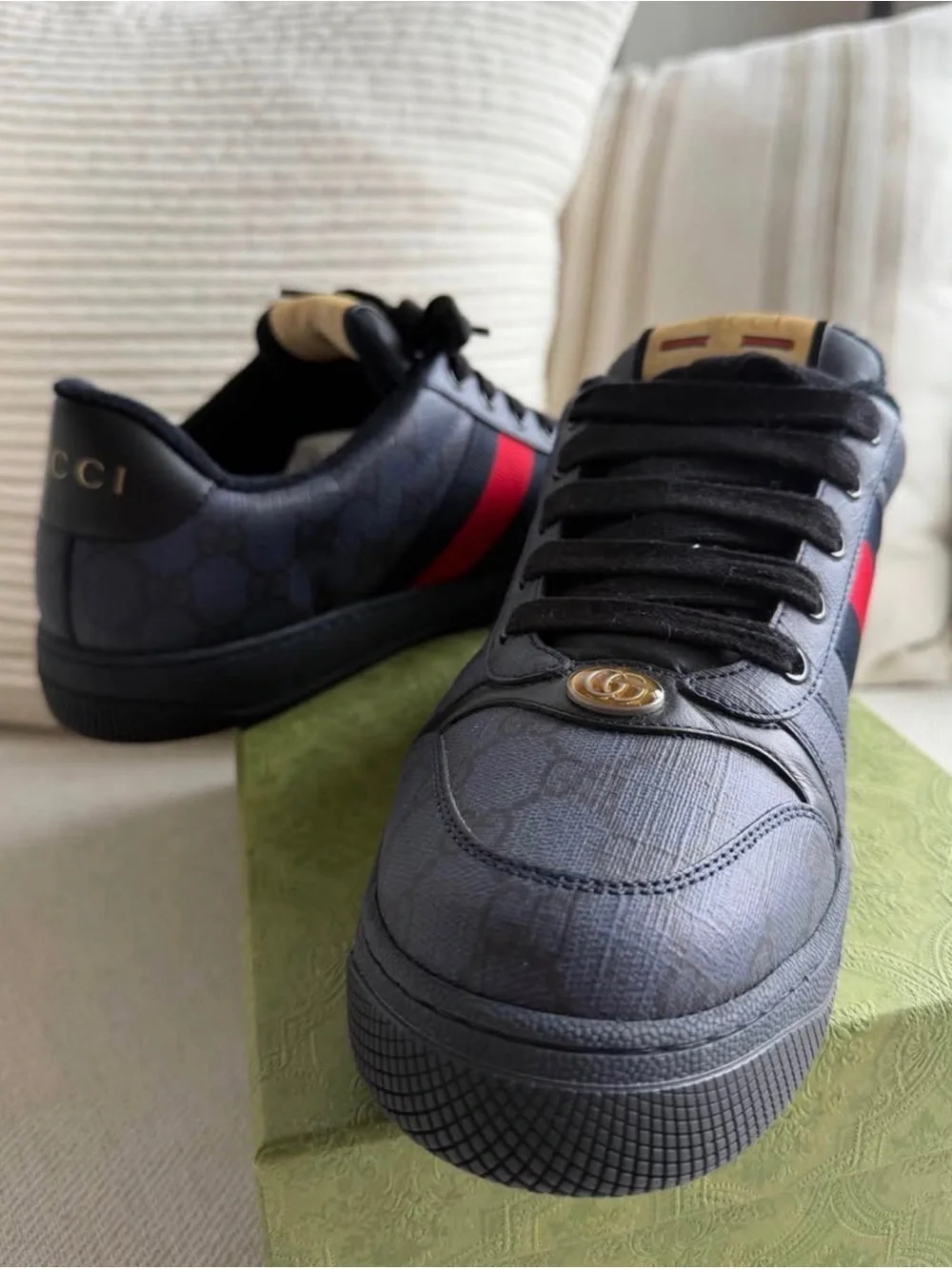 Gucci Navy Canvas Low-Top Sneakers with Red Web Stripe